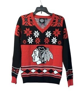 Chicago Blackhawks NHL Ugly Christmas Sweater Official V Neck Women's Size M